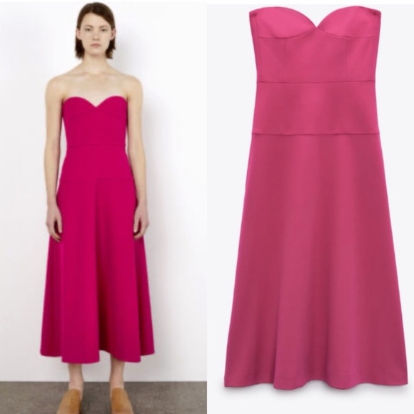 NWT ZARA Fuchsia Strapless Sweetheart Neckline Midi Dress L Blogger Favorite - Picture 1 of 14